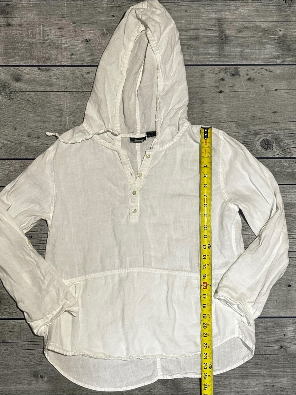 Tahari 100% Linen Hooded Henley Tunic Top Women’s M White Kangaroo Pocket - Picture 4 of 7
